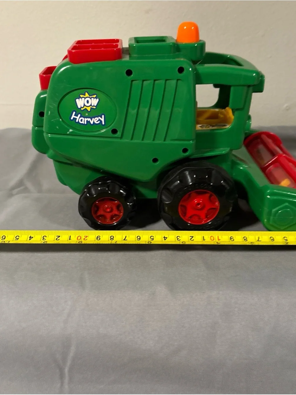 Green Farm Combine Toy with Red Accents